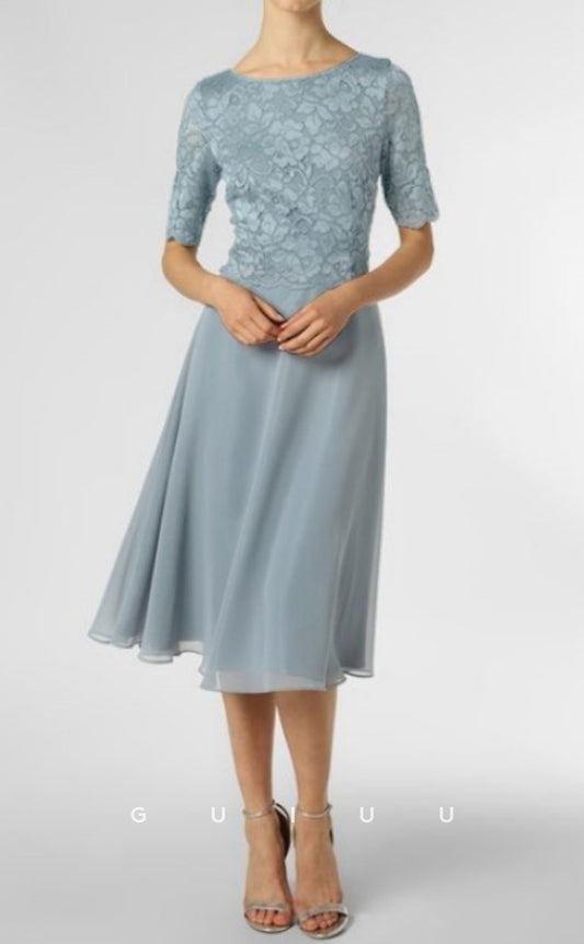 GM042 - Elegant A-Line  Scoop Neck Knee Length Chiffon Half Sleeves Appliques Mother of the Bride Dress