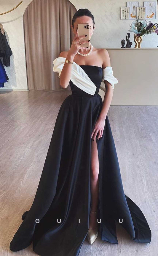 G4555 -  Elegant A-Line oFF-Shoulder Black High Side Slit Prom Evening Gown with Train
