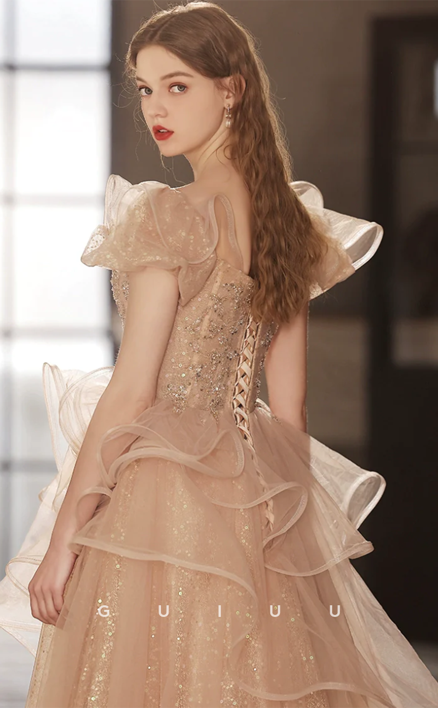 G4628 -  Elegant Champagne A-Line Off-Shoulder Tulle sequined Long Prom Dress