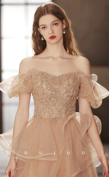 G4628 -  Elegant Champagne A-Line Off-Shoulder Tulle sequined Long Prom Dress