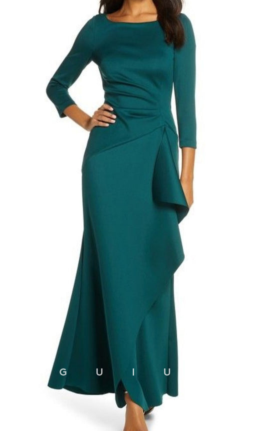 GM044 - Elegant Column Scoop Neck 34 Length Sleeves Stain Pleated Ruffles Formal Mother of the Bride Dress