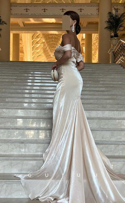 G4526 - Elegant Mermaid 0ff-Shoulder White Pleats Prom Party Dress with Court Train
