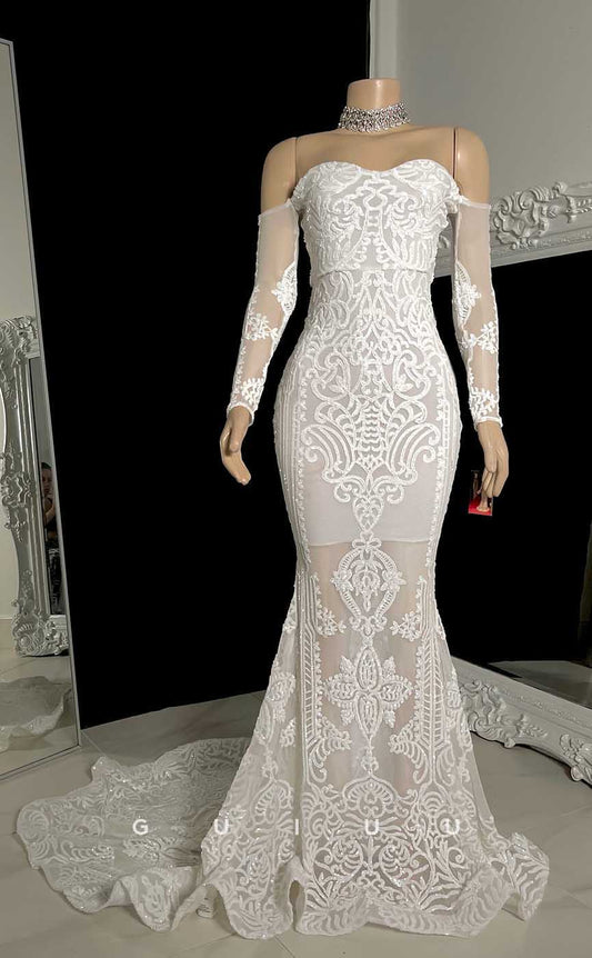 G4558 -  Elegant Mermaid Off-Shoulder Strapless Lace Back Zipper Prom Evening Gown with Court Train