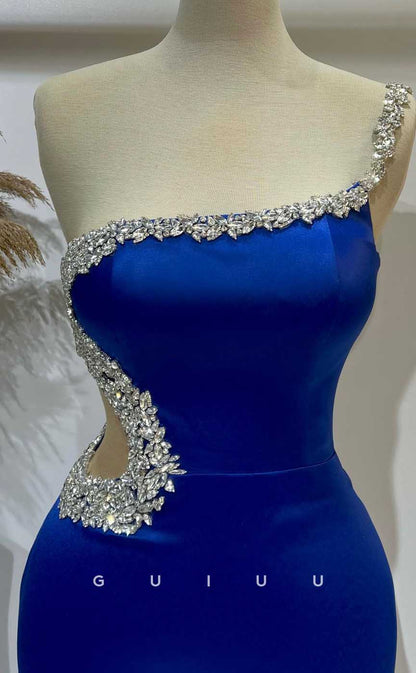 G4546 - Elegant Mermaid One Shoulder Blue Stain Crystal Prom Formal Dress