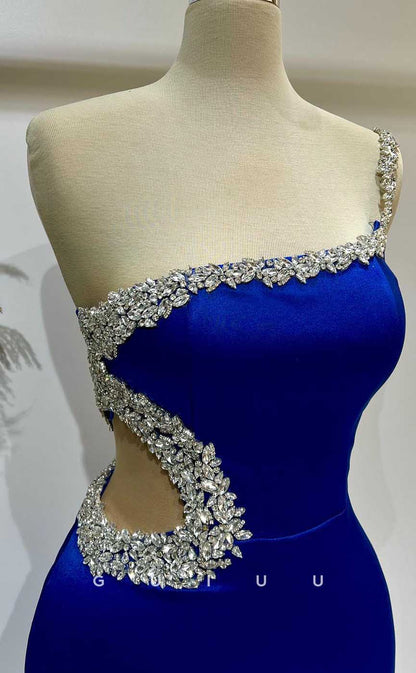 G4546 - Elegant Mermaid One Shoulder Blue Stain Crystal Prom Formal Dress