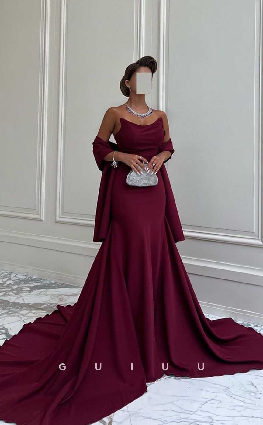 G4520 - Elegant Mermaid Sheath Boat Neck Wine Red Prom Evening Gown with Slit