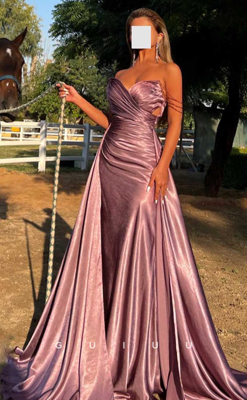 G4523 - Elegant Mermaid Sheath Strapless Sleeveless Pink Stain Pleats Prom Party Dress with Train