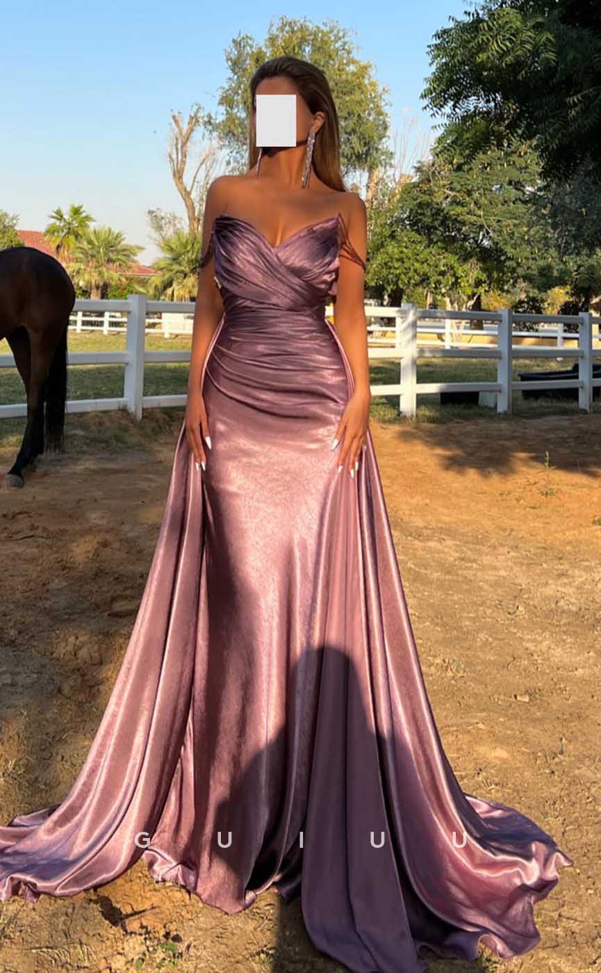 G4523 - Elegant Mermaid Sheath Strapless Sleeveless Pink Stain Pleats Prom Party Dress with Train