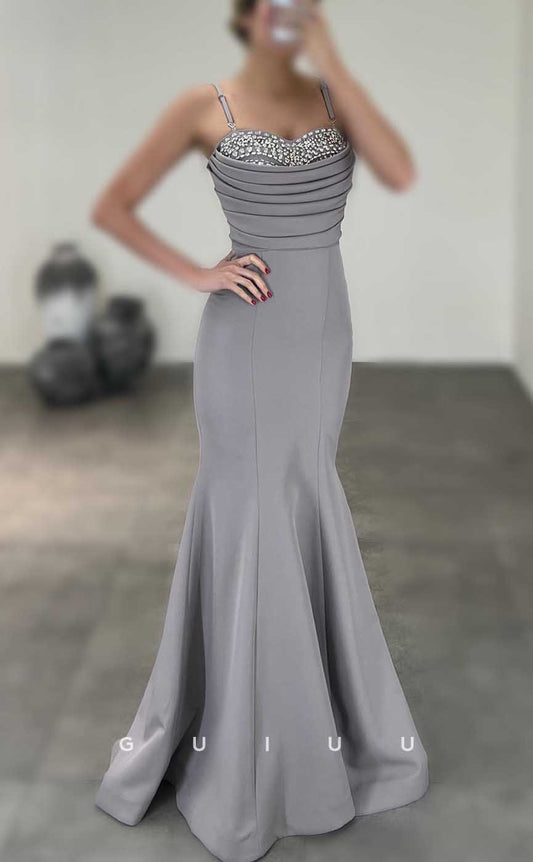 G4537 -  Elegant Mermaid Strapless Straps Sleeveless Crystals Pleats Stain Prom Party Dress