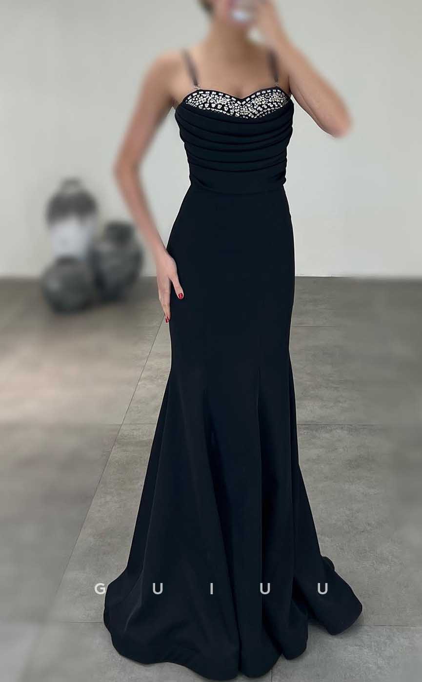 G4537 - Elegant Mermaid Strapless Straps Sleeveless Crystals Pleats Stain Prom Party Dress