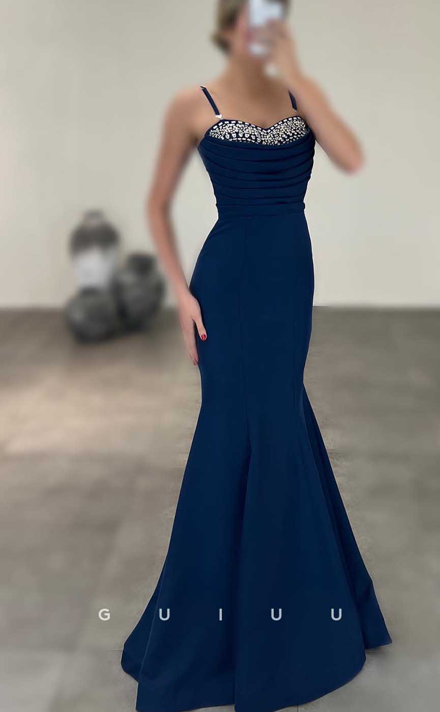 G4537 - Elegant Mermaid Strapless Straps Sleeveless Crystals Pleats Stain Prom Party Dress