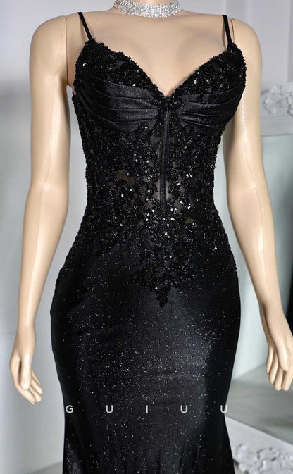 G4566 - Elegant Mermaid V Neck Straps Sleeveless Pleats Black Beaded Prom Dress with Court Train