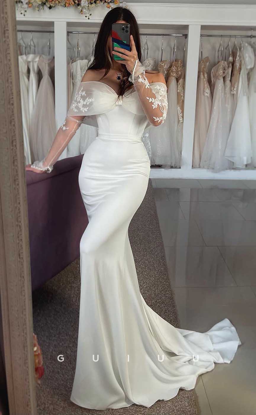 GW812 - Elegant Off-Shoulder Long Sleeves Lace Stain Mermaid Wedding Dress with Court Train