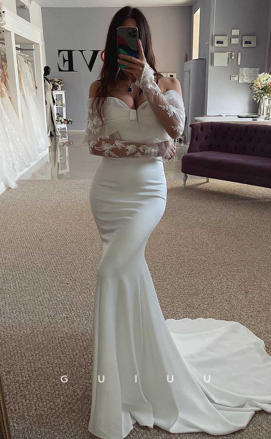 GW812 - Elegant Off-Shoulder Long Sleeves Lace Stain Mermaid Wedding Dress with Court Train
