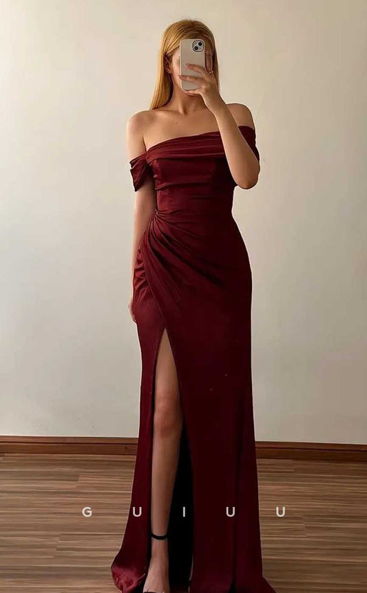 G4533 - Elegant Off-Shoulder Wine Red Pleats Prom Evening Dress with Slit