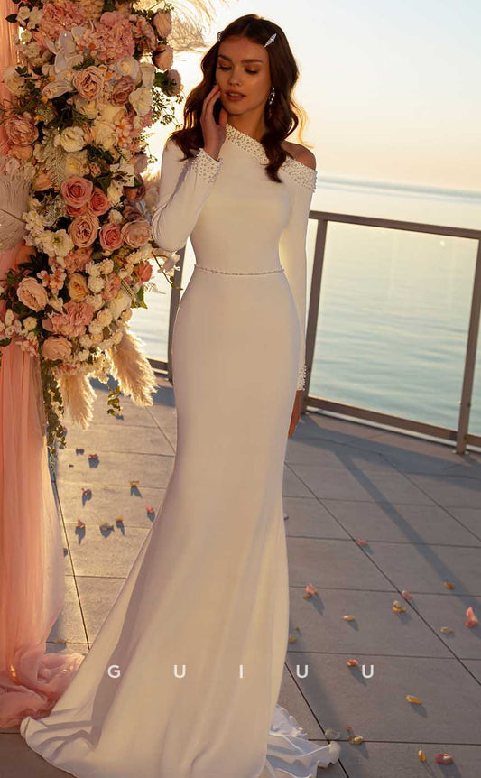 GW901 - Elegant One Shoulder Long Sleeves Pearls Mermaid Beach Wedding Dress