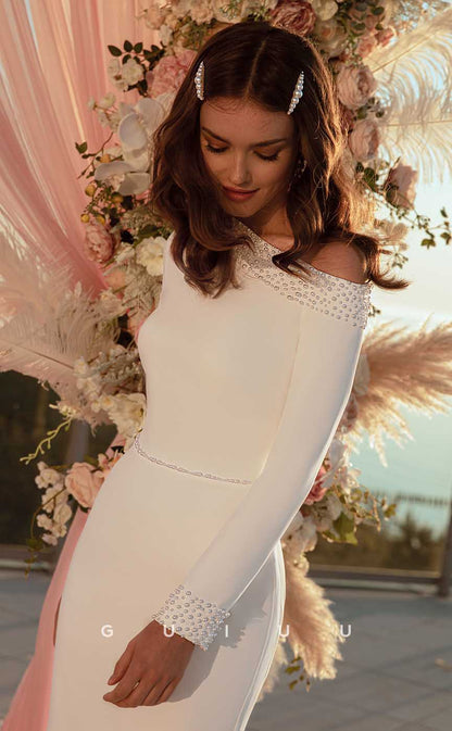 GW901 - Elegant One Shoulder Long Sleeves Pearls Mermaid Beach Wedding Dress