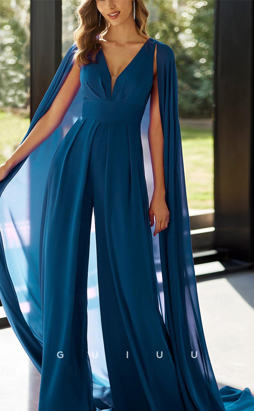 GM019 - Elegant Pantsuit V Neck Floor Length Detachable Chiffon Sleeveless with Pleats Formal Wedding Guest Mother of the Bride Dress
