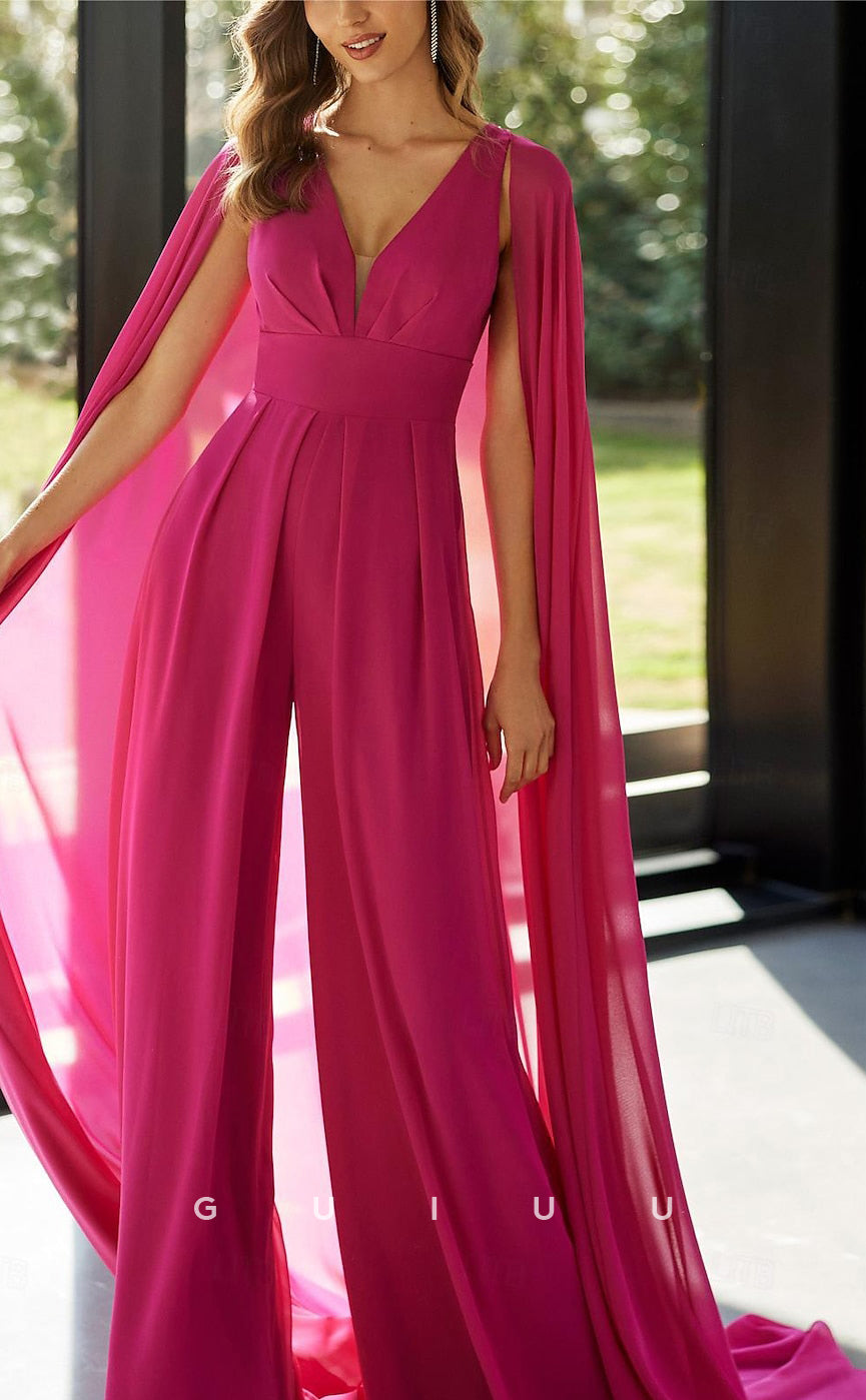 GM019 - Elegant Pantsuit V Neck Floor Length Detachable Chiffon Sleeveless with Pleats Formal Wedding Guest Mother of the Bride Dress