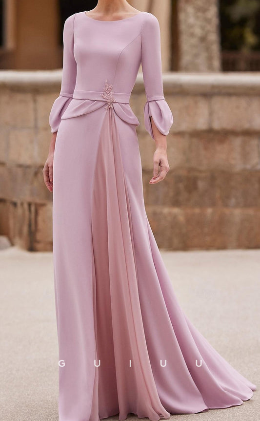 GM047 - Elegant Pink Sheath Floor Length 34 Length Sleeves Back Zipper Chiffon Mother of the Bride Dress
