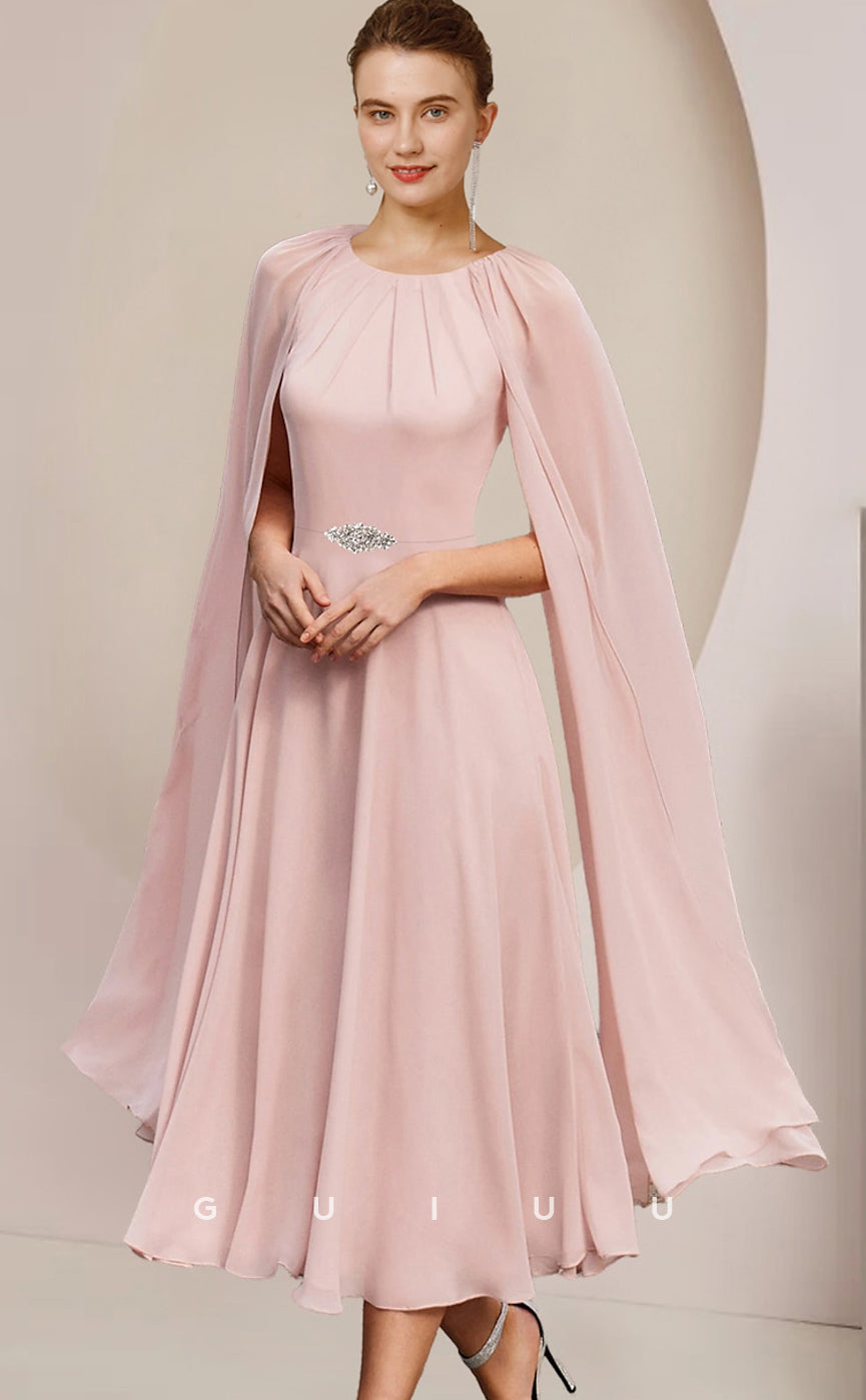 GM001 - Elegant Plus Size A-Line Scoop Neck Sleeves Knee Legth Formal Wedding Guest Chiffon Mother of the Bride Dress