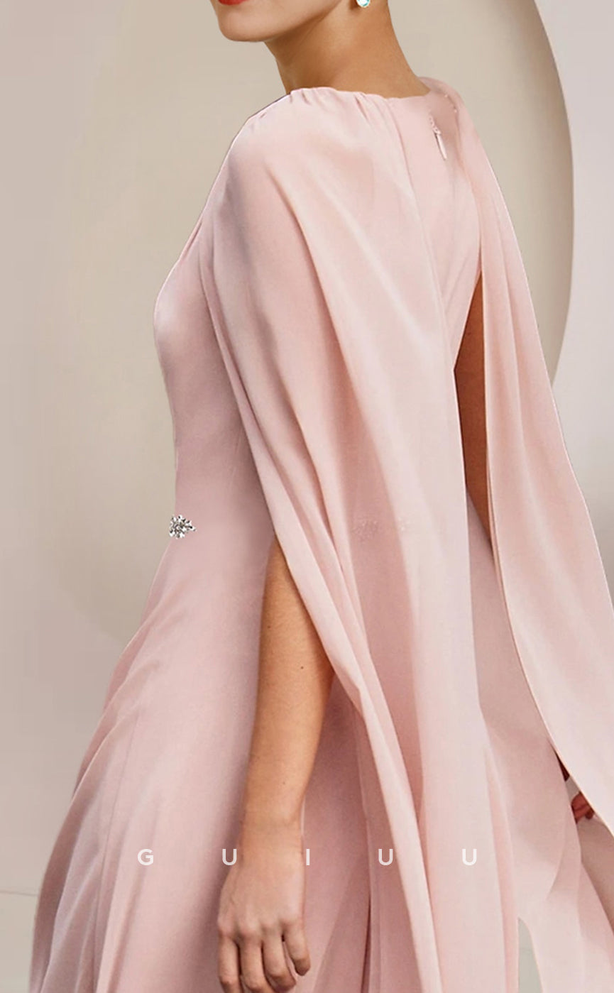 GM001 - Elegant Plus Size A-Line Scoop Neck Sleeves Knee Legth Formal Wedding Guest Chiffon Mother of the Bride Dress