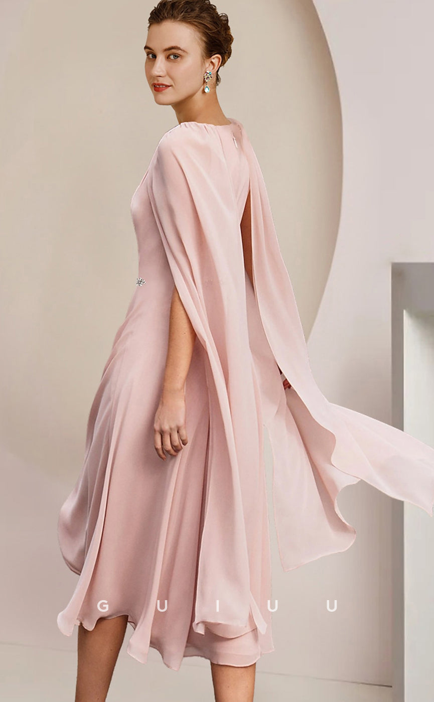 GM001 - Elegant Plus Size A-Line Scoop Neck Sleeves Knee Legth Formal Wedding Guest Chiffon Mother of the Bride Dress