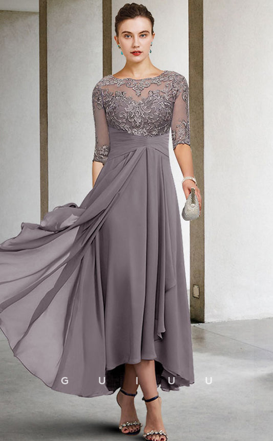 GM009 -  Elegant Plus Size A-Line V Neck Half Sleeves Appliques Ankle Length Chiffon Wedding Guest Mother of the Bride Dress