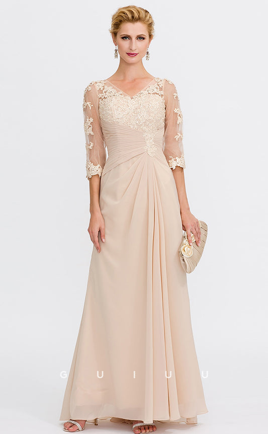 GM011 - Elegant Plus Size Sheath V Neck 34 Sleeves Appliques Pleated Long Chiffon Mother of the Bride Dress