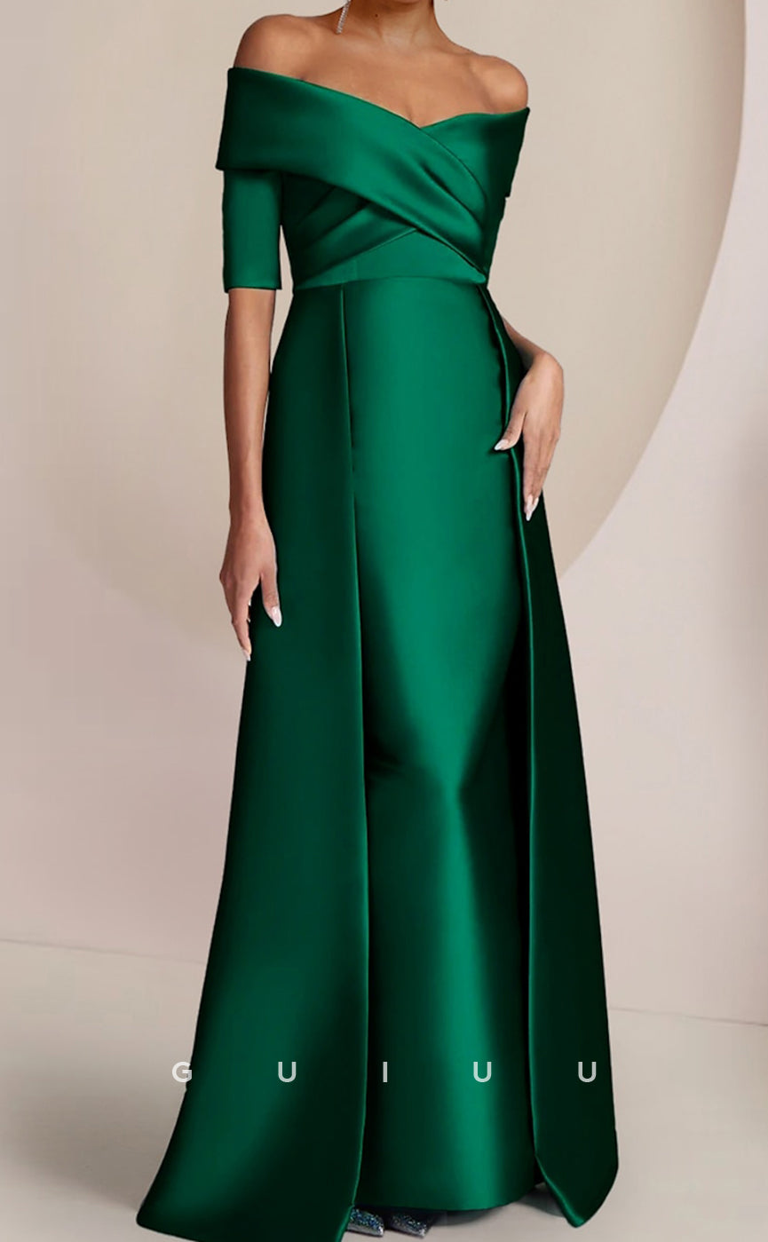 GM046 - Elegant Sheath Off Shoulder Floor Length Half Sleeves Back Zipper Satin Ruched Mother of the Bride Dress