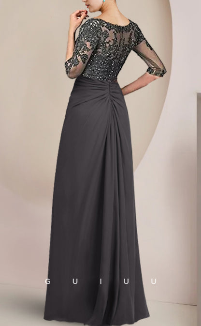 GM043 - Elegant Sheath Strapless Floor Length 34 Length Sleeves Appliques Sequined Chiffon Mother of the Bride Dress