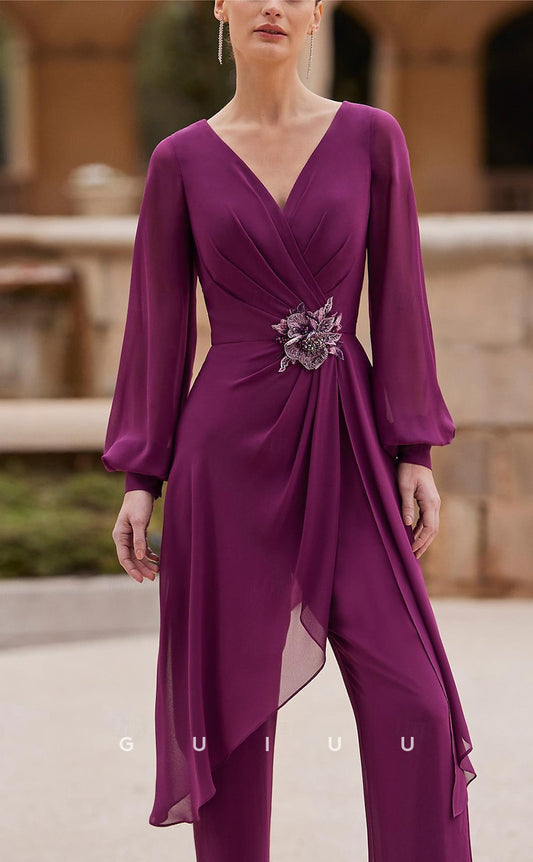 GM016 -  Elegant Sheath V Neck Chiffon Mother of the Bride Dress with Pleats Ruched Flower