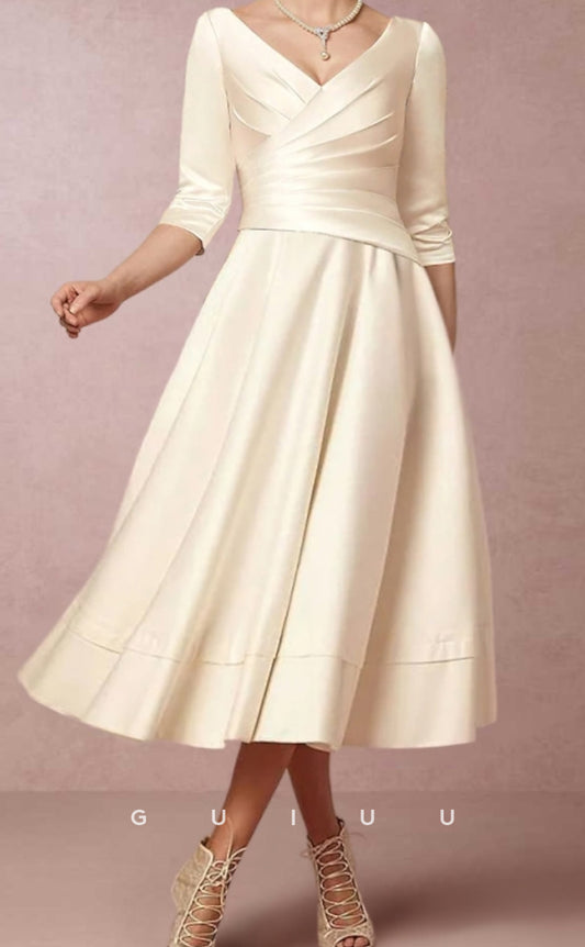 GM050 -  Elegant Simple  A-Line V Neck Knee Length Half Sleeves Pleated Satin Mother of the Bride Dress