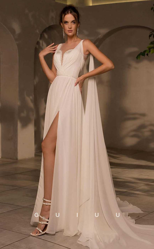 GW851 - Elegant Straps V Neck Sequined Pleats Beach Wedding Dress with Slit