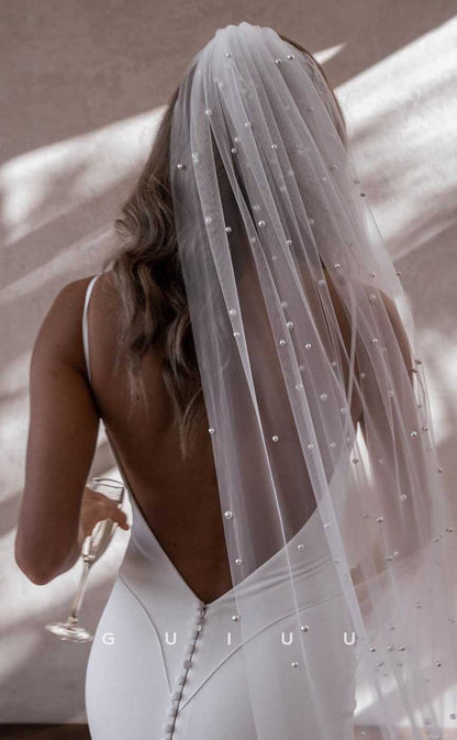 GW884 - Elegant V Neck Straps Sleeveless Open Back Stain Mermaid Beach Wedding Dress with Train