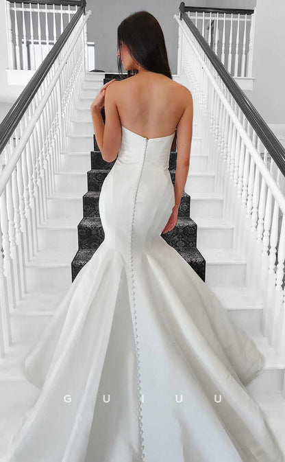 GW856 -  Elegant & Simple Boat Neck Sleeveless Buttons Stain Mermaid Wedding Dress with Train