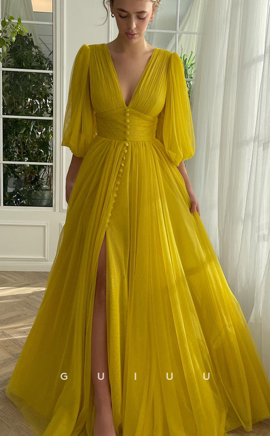 G4365 -  Elegant & Timeless A-Line Deep V Neck Half Sleeveless Tulle Mesh Long Prom Dress with High Side Slit