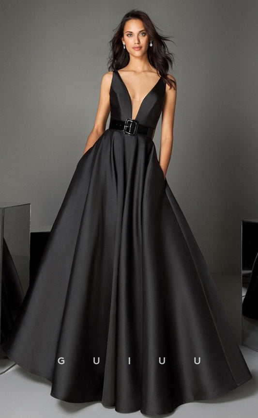 G4674 - Elegant & Timeless A-Line V Neck Straps Sleeveless Black Stain Prom Formal Dress