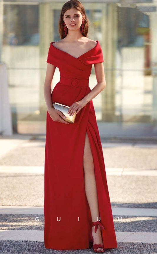 G4684 -  Elegant & Timeless Sheath Off Shoulder Red Stain Pleated Prom Dress with Train and Slit