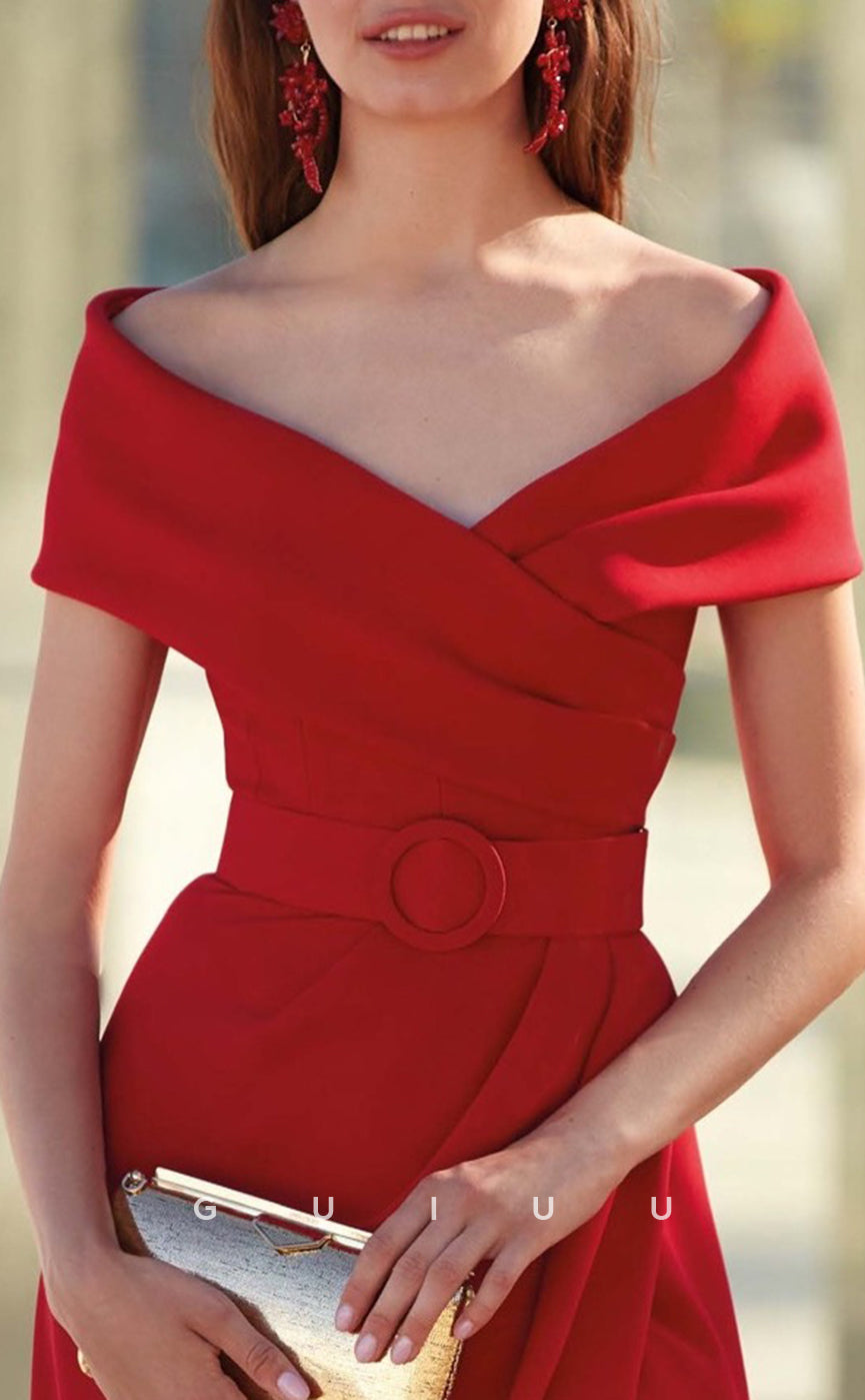 G4684 -  Elegant & Timeless Sheath Off Shoulder Red Stain Pleated Prom Dress with Train and Slit