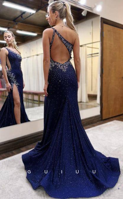 G4014 -Elegant & Timeless Sheath One Shoulder Sleeveless Prom Gown with High Side Slit and Train