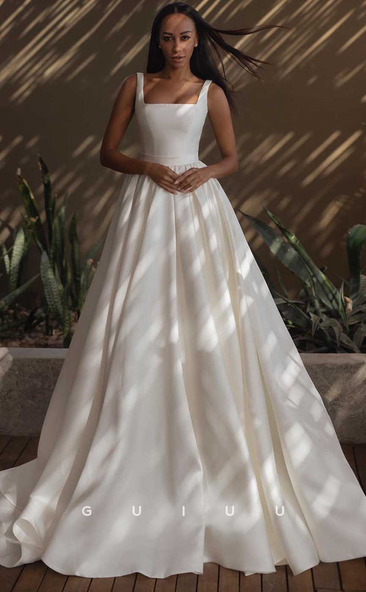 GW869 - Elegant & Timeless Square Straps Zipper Stain Wedding Dress with Train