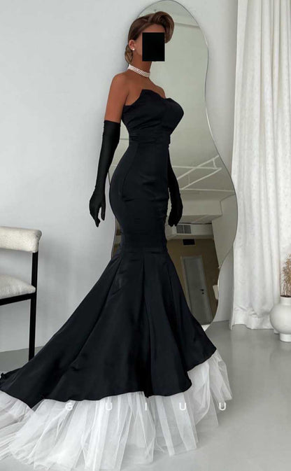 G4524 - Elegant & Timeless Strapless Long Sleeves Black Mermaid Prom Dress with Tulle Train