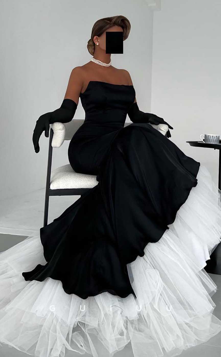 G4524 - Elegant & Timeless Strapless Long Sleeves Black Mermaid Prom Dress with Tulle Train