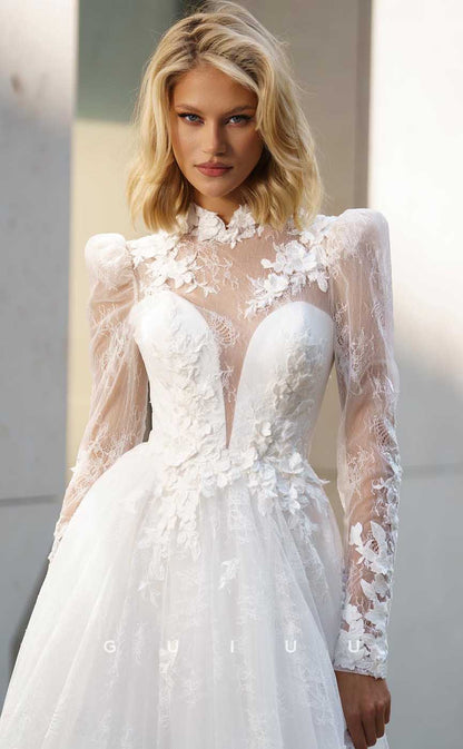 GW862 -  Formal High Neck Long Sleeves Lace Appliques Backless Wedding Dress
