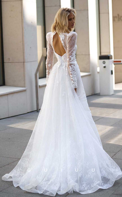 GW862 -  Formal High Neck Long Sleeves Lace Appliques Backless Wedding Dress