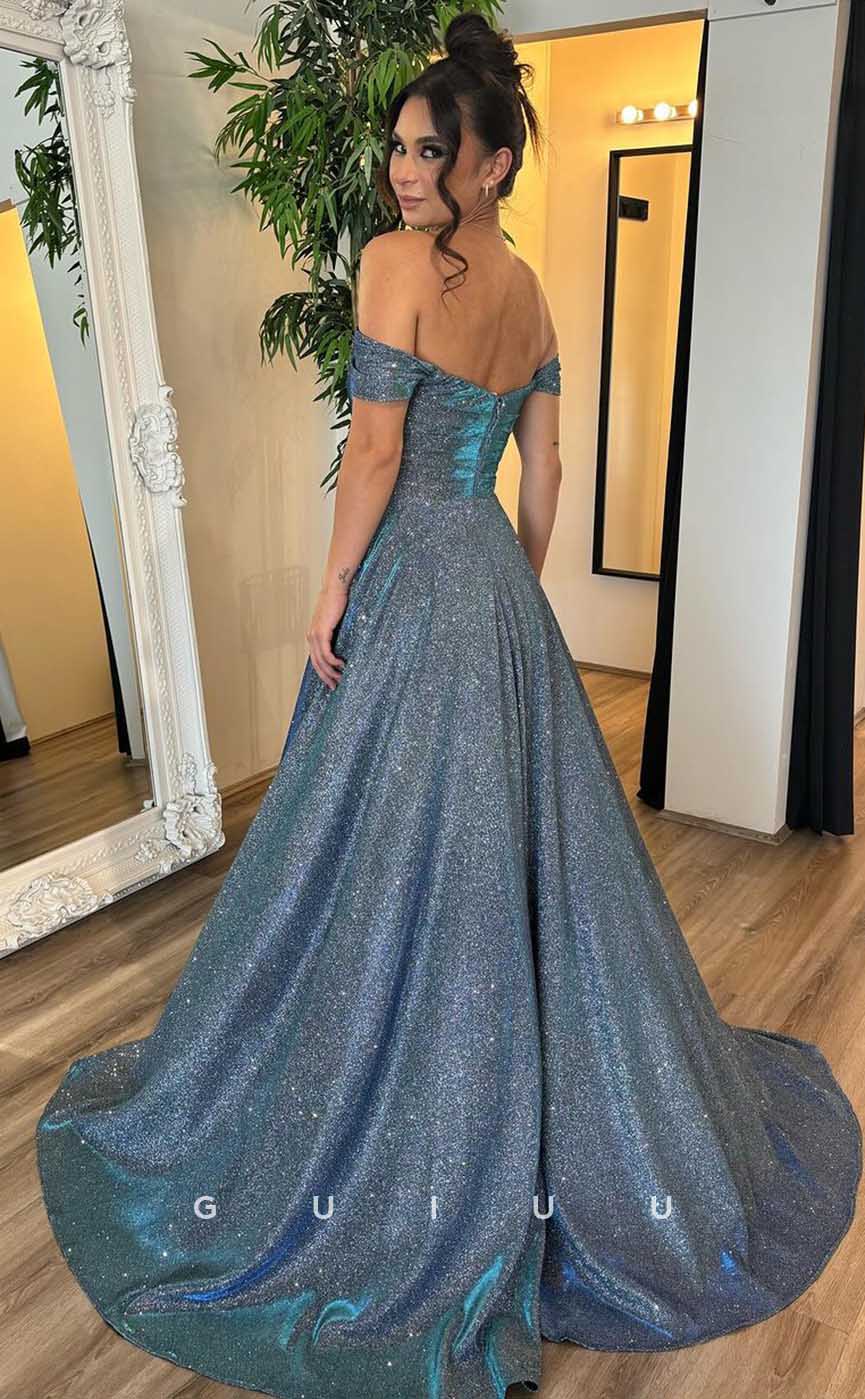 G4454 - Glamorous A-Line Off-Shoulder Shiny Prom Party Dress with Pocket
