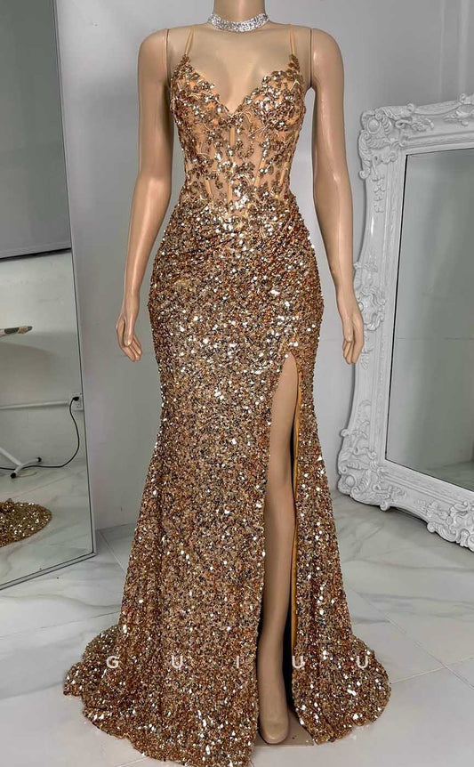 G4565 - Glamorous Mermaid Sheath V N eck Straps Sleeveless Fully Sequined Glitter Prom Dress with Slit and Train