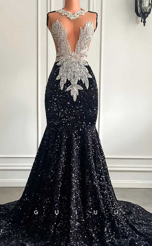 G4586 - Glitter & Glamorous Mermaid V N eck Sleeveless Crystal Sequined Prom Dress with Court Train