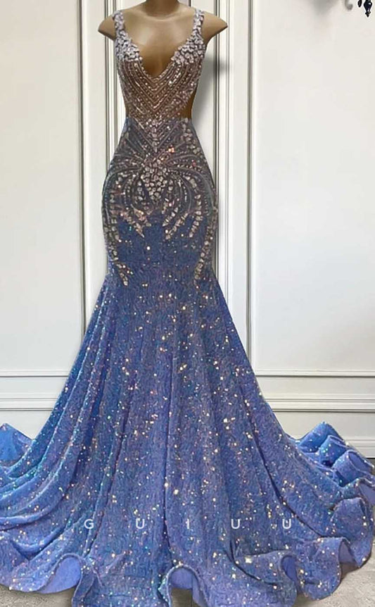 G4583 - Glitter & Glamorous Mermaid V Neck Sleeveless Fully Sequined Prom Party Gown with Train